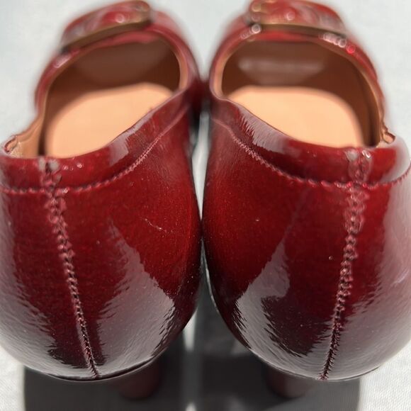 ETIENNE AIGNER Dune Red Patent Vegan Open-Toe Heels Shoes Size 6.5M Buckles B42 - Picture 7 of 10